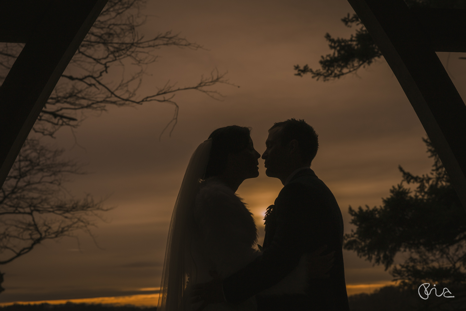 bride and groom at sunset